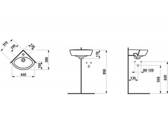 Laufen Pro Eck-Handwaschbecken 1 HL Mittig, Mit ÜL, Weiß 8169580001041